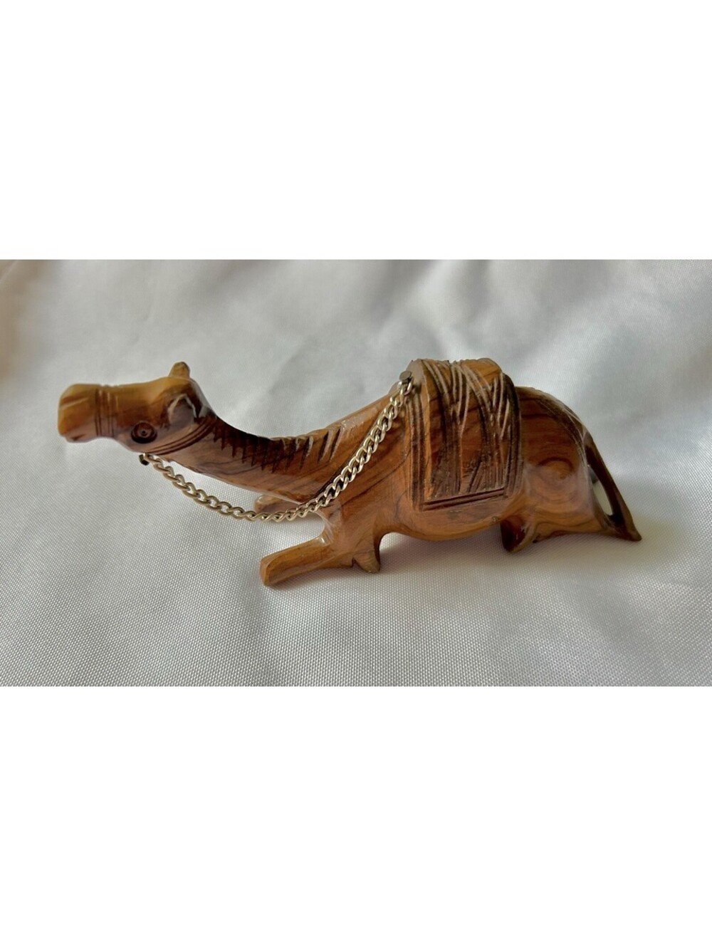 Vtg Hand Carved Olive Wood Kneeling Camel w/ Chain Nativity Christmas Holy Land